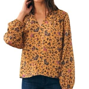 NEW Faherty Silk Floral Long Sleeve Blouse with Metallic Weave